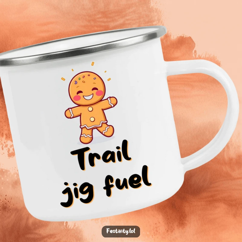 Funny Gingerbread Man Jig Camping Mug featuring a grinning gingerbread man character dancing with sprinkles, perfect for enjoying drinks during outdoor escapades.