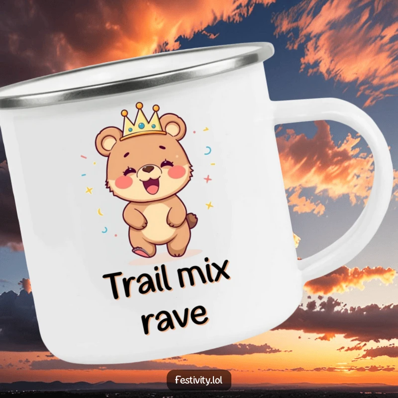 Funny camping mug with a giggling bear cub wearing a streamer crown, dancing with enthusiasm in a rustic setting.