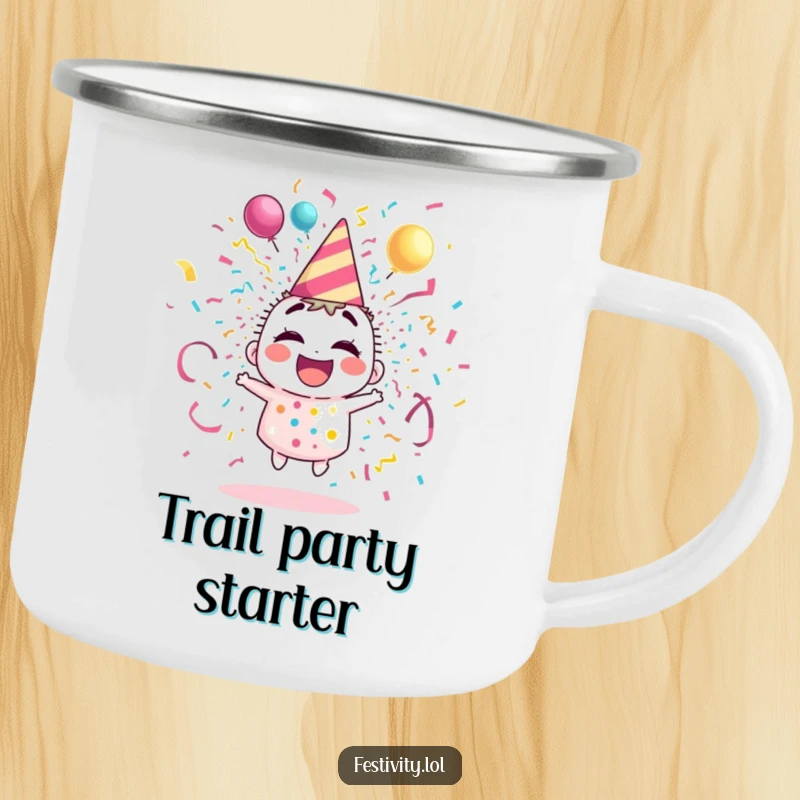 Funny camping mug with a giggling party popper character exploding with vibrant streamers and confetti, perfect for outdoor celebrations.