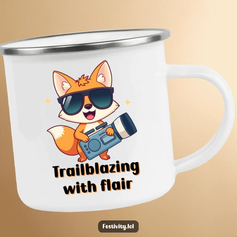 Funny camping mug featuring a happy fox in oversized sunglasses with a giant noisemaker, ready for outdoor fun.
