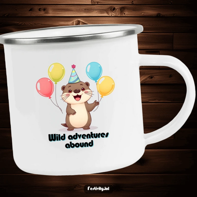 Funny camping mug featuring a happy otter in a party hat juggling balloons, perfect for outdoor celebrations.