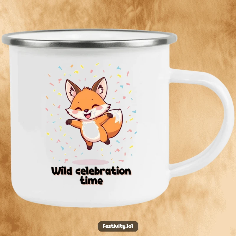 Funny camping mug featuring a grinning fox leaping through confetti, perfect for outdoor fun and beverages.