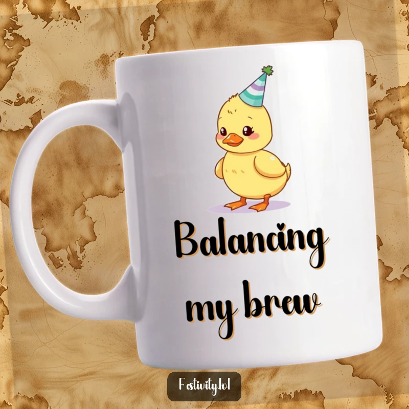 Funny mug with a wobbly duckling hilariously trying to balance a tiny cake with candles, showing effort and humor.