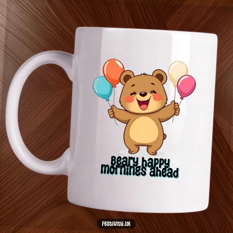 Funny bear mug featuring a happy bear with a wide grin juggling colorful balloons, embodying pure delight and playful energy.