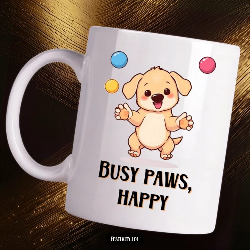 Funny mug showing a happy, bouncing puppy skillfully juggling several brightly colored balls with its paws.