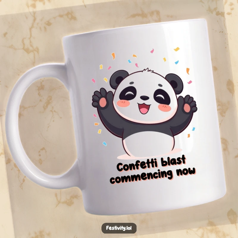 Funny Panda Mug tossing colorful confetti with a huge smile, embodying pure celebratory joy and party vibes.