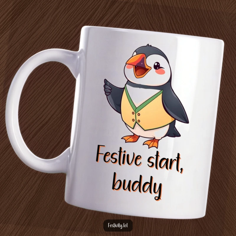 Funny Puffin Mug: A grinning puffin in a festive vest waves a tiny flag, offering humorous greetings.
