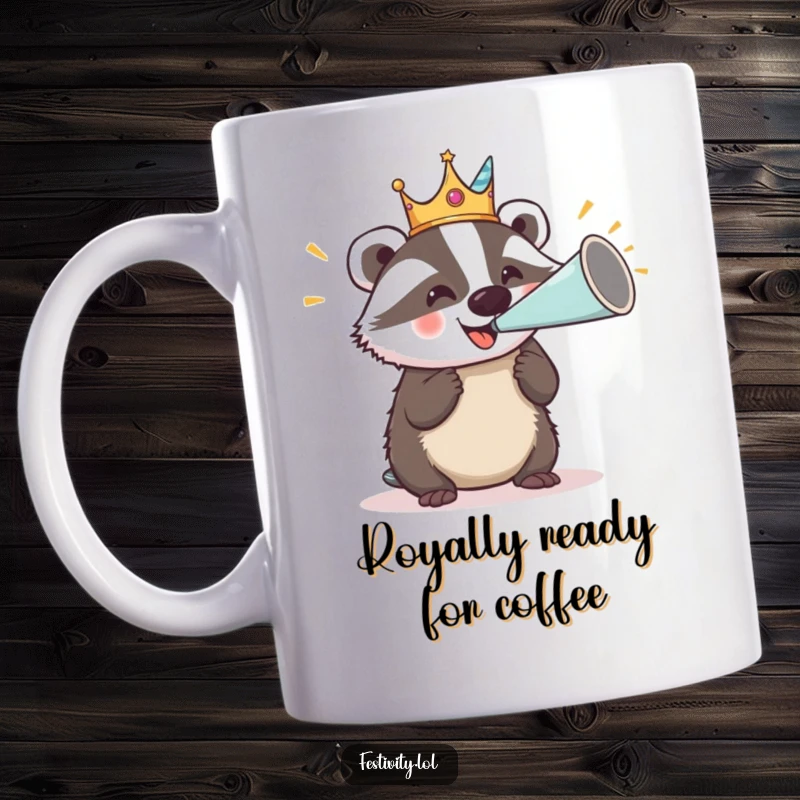 Funny mug showcasing a delighted badger wearing a silly crown and blasting a huge party horn, exuding joyful celebration.