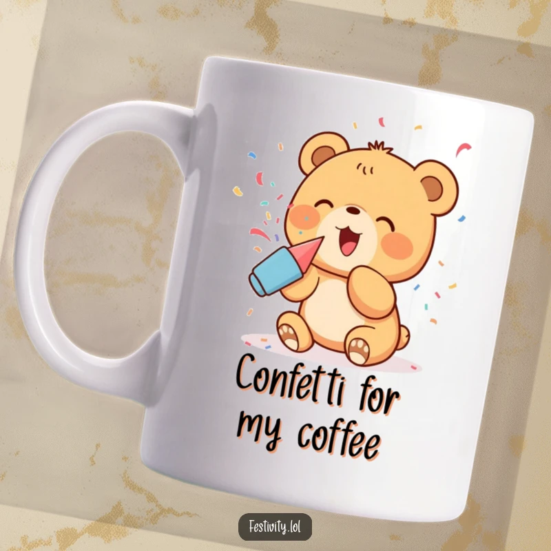 Funny Mug: A delighted bear cub excitedly popping confetti from a party popper, radiating pure celebration and joy.