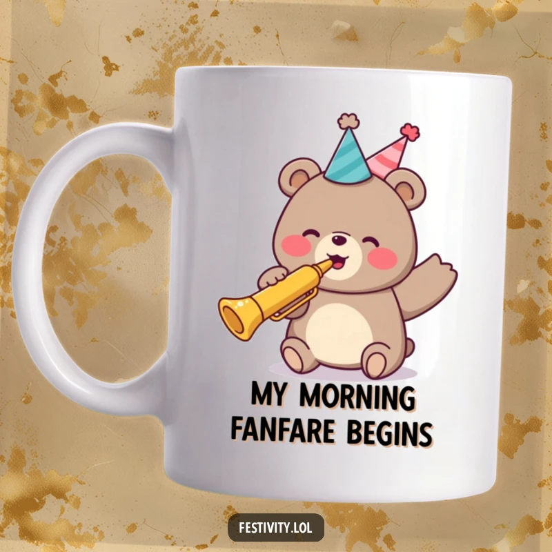 Funny mug featuring a jubilant bear in a party hat, enthusiastically playing a trumpet, radiating pure party happiness.