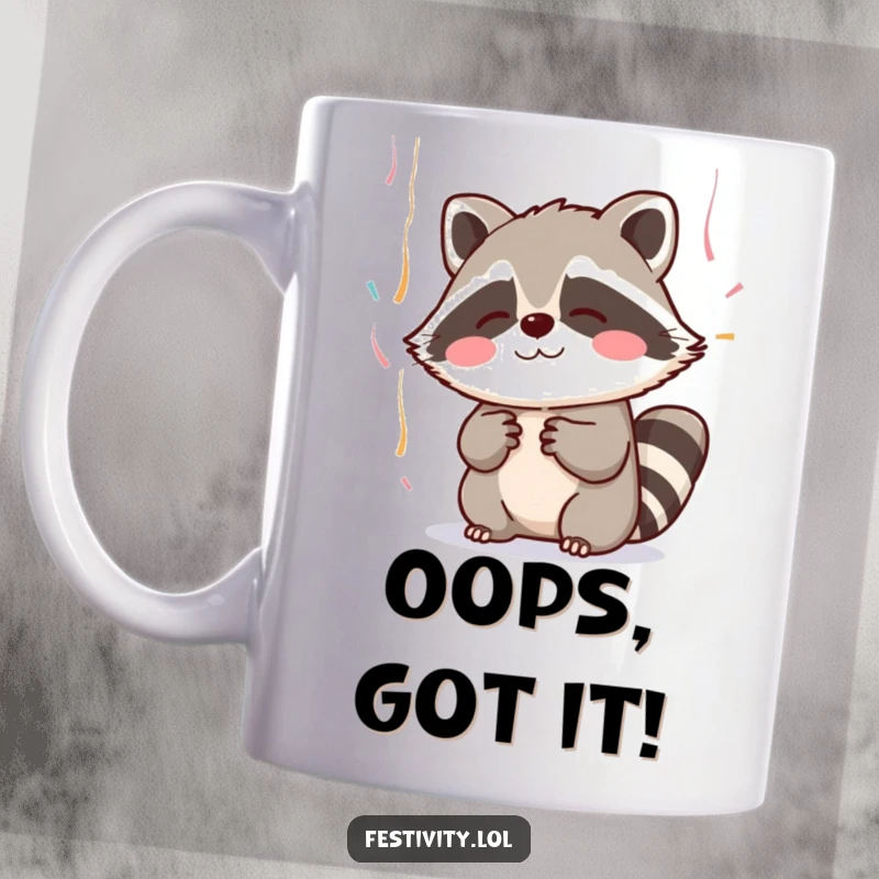 Funny mug with a blushing raccoon adorably trying to catch falling streamers with its paws, looking shy and sweet.