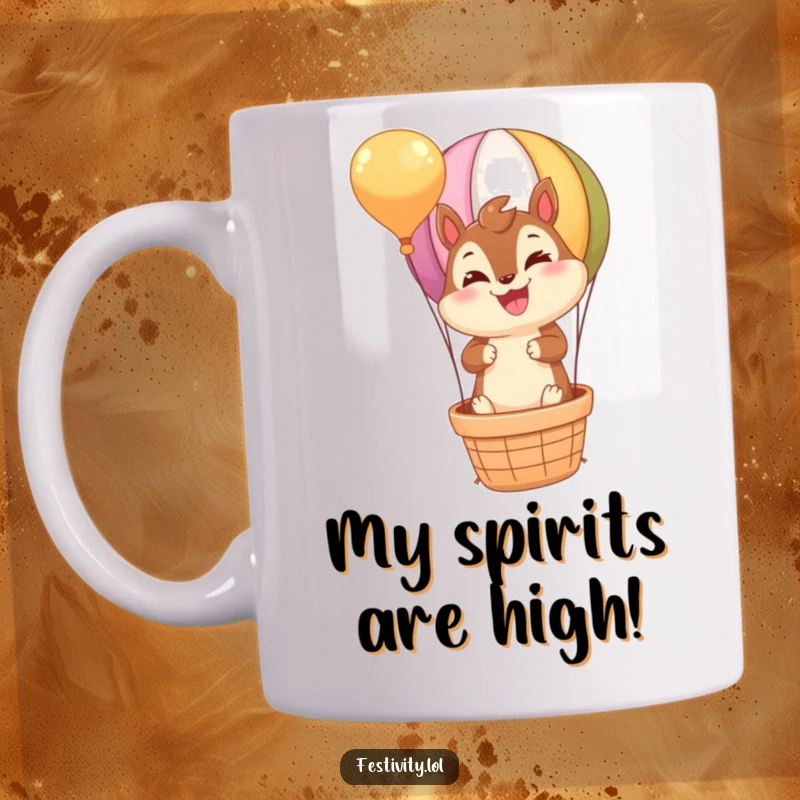 Funny Chipmunk Mug: A beaming chipmunk joyfully rides a miniature hot air balloon, symbolizing freedom and happiness.