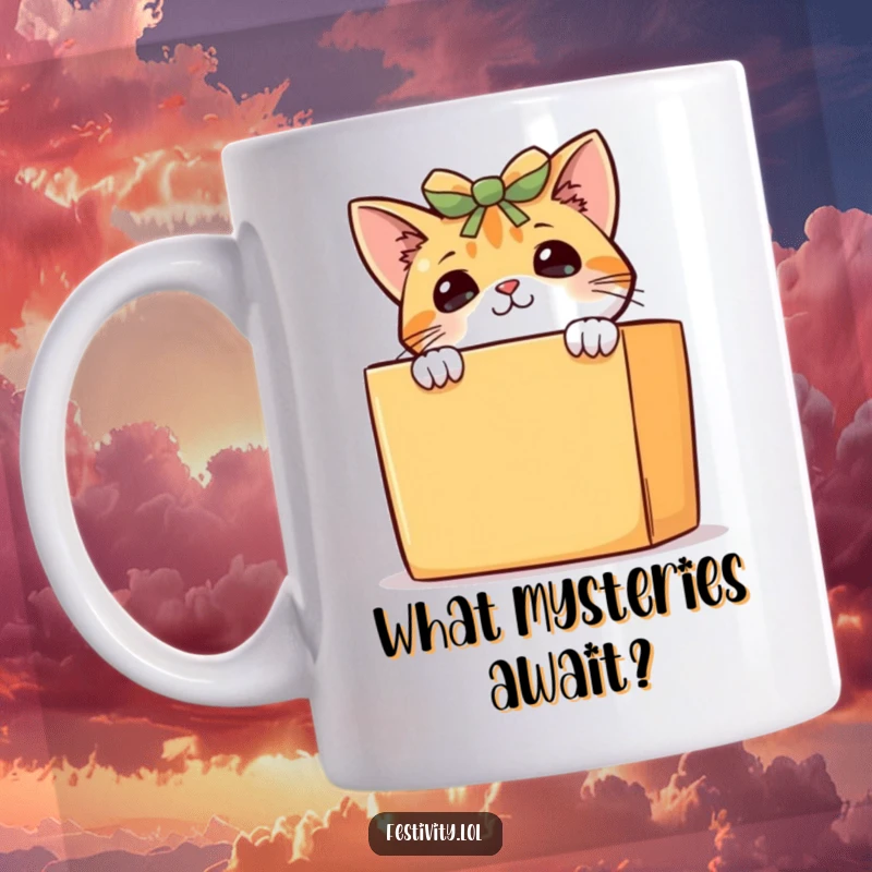 Funny cat mug, a curious kitten peeking shyly from behind a large present box, full of playful mystery and charm.