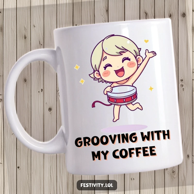 Funny merry character dancing energetically with a tambourine on a fun mug.