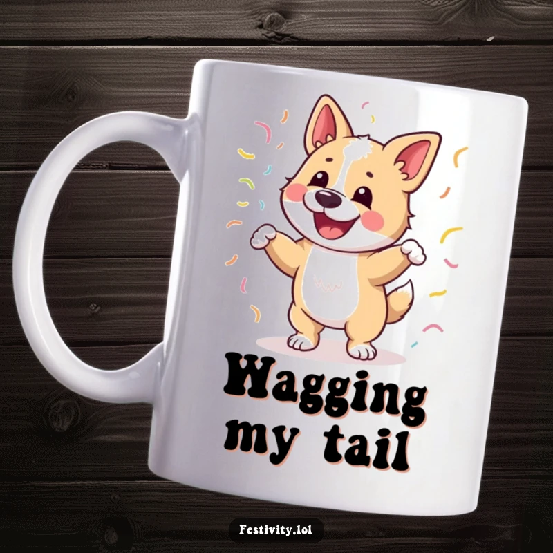 Funny mug with a happy dog dancing joyfully with streamers wrapped around it, energetic and cheerful design.