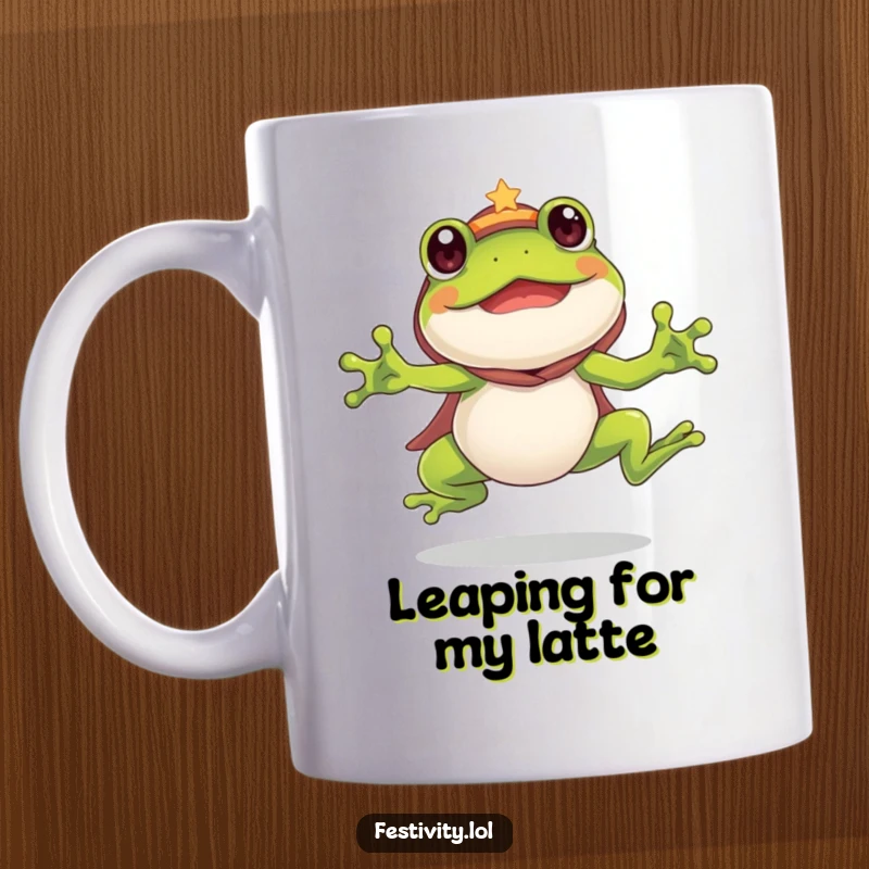 Funny Frog Mug: A silly frog in a costume leaps enthusiastically, bringing humorous energy to your sips.