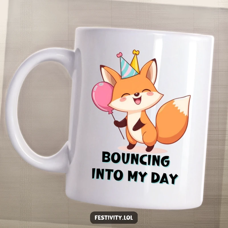 Funny mug showing a giggling fox wearing a party hat and happily bouncing a giant balloon, radiating pure childish delight.