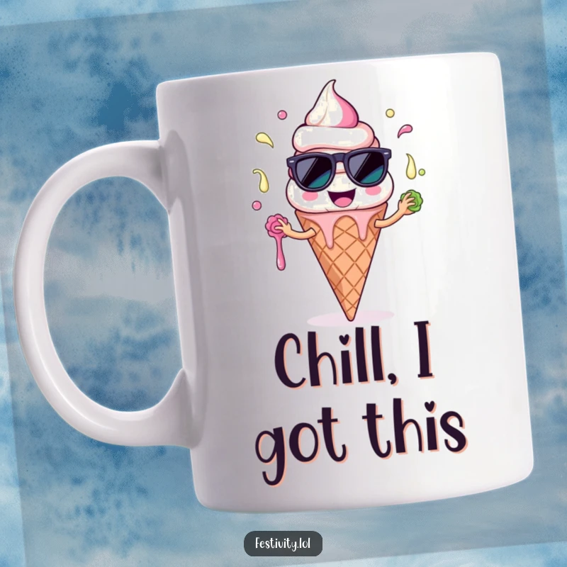 Funny Ice Cream Cone Mug: A smiling ice cream cone with sunglasses comically juggling melting scoops, bringing cool fun.