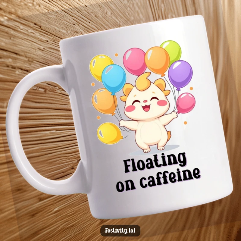 Funny joyful creature with a wide smile juggling colorful balloons in a mug.