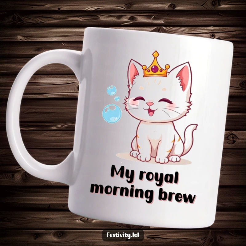 Funny mug showing a delightful kitten adorned with a crown, joyfully blowing iridescent bubbles, radiating pure, playful bliss.