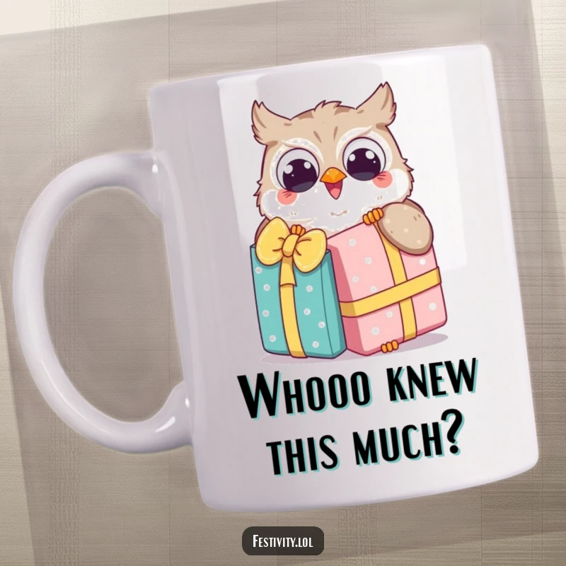Funny Owl Mug shows a happy owl joyfully unwrapping a comically large gift, expressing delight and wonder.