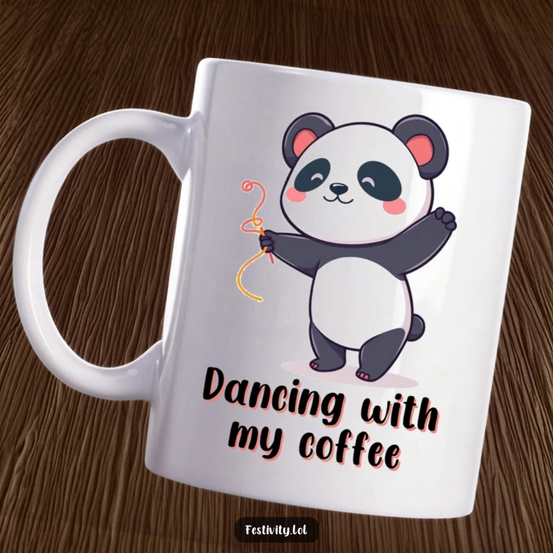 Funny Panda Dancer Mug: A happy panda twirls with a colorful streamer, embodying pure celebration and fun, perfect for cheerful mugs.
