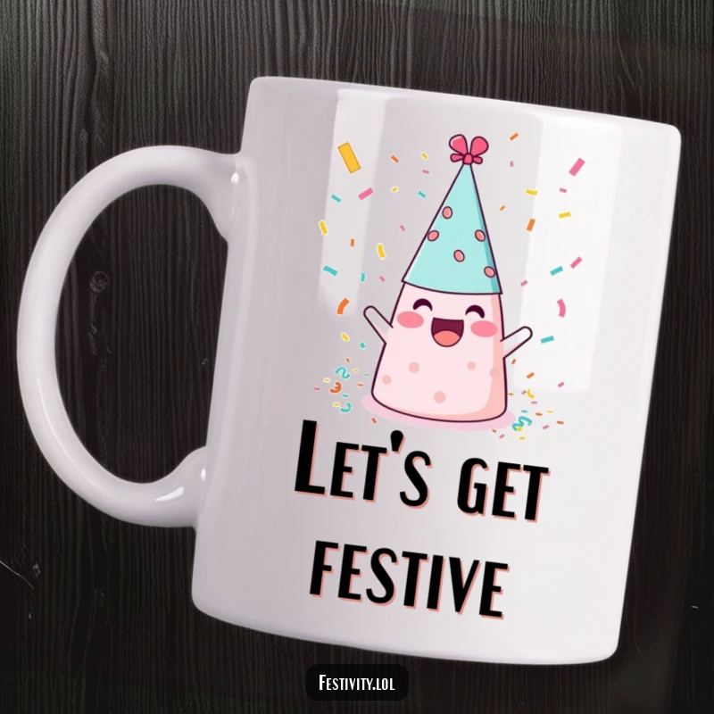 Funny cheerful party hat joyfully throwing confetti, a festive and humorous design on a mug.