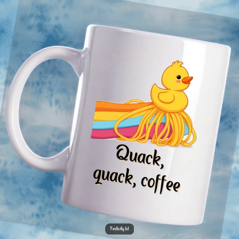 Funny rubber ducky joyfully sliding down a rainbow made of spaghetti, conveying a sensation of pure, whimsical delight.