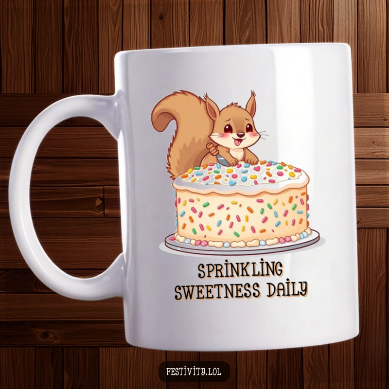 Funny mug showing a happy squirrel enthusiastically decorating a huge cake with oversized sprinkles, capturing a moment of joyful indulgence.