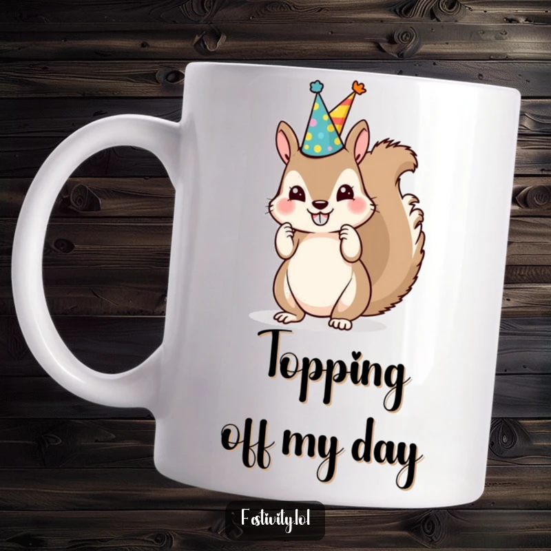 Funny Squirrel Party Hat Mug features a mischievous squirrel stacking mismatched party hats with a cheeky grin.