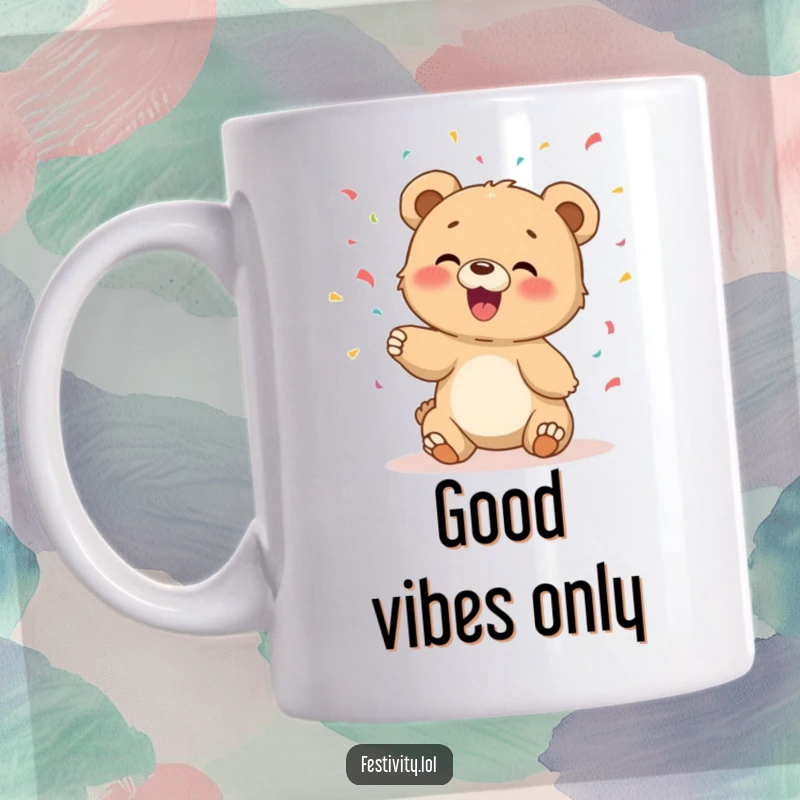 Funny mug featuring a giggling bear cub tossing confetti with pure glee and infectious happiness.