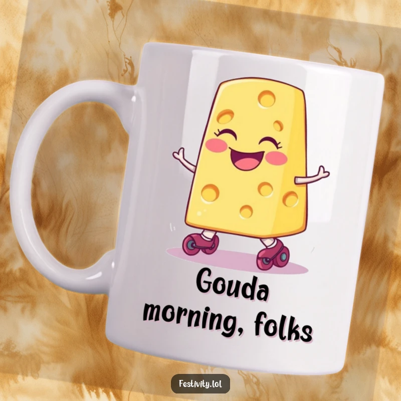 Funny smiling slice of cheese wearing tiny roller skates, comically tripping over its own wheels, conveying pure slapstick.