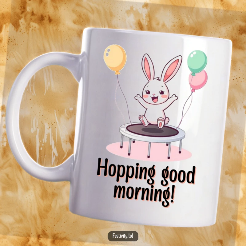 Funny Bunny Trampoline Mug features a cheerful bunny bouncing enthusiastically on a trampoline adorned with balloons.