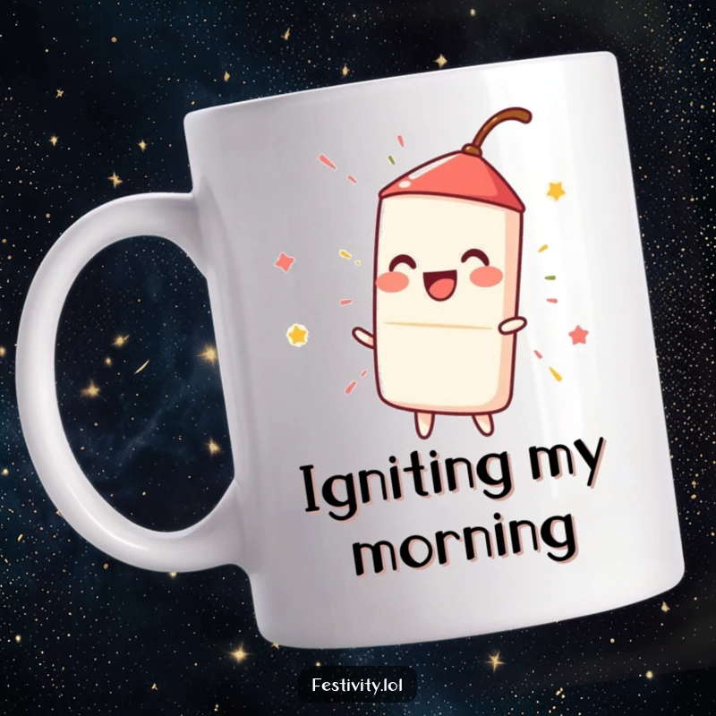 Funny happy firecracker igniting with a loud, fun spark, a humorous and energetic design on a mug.