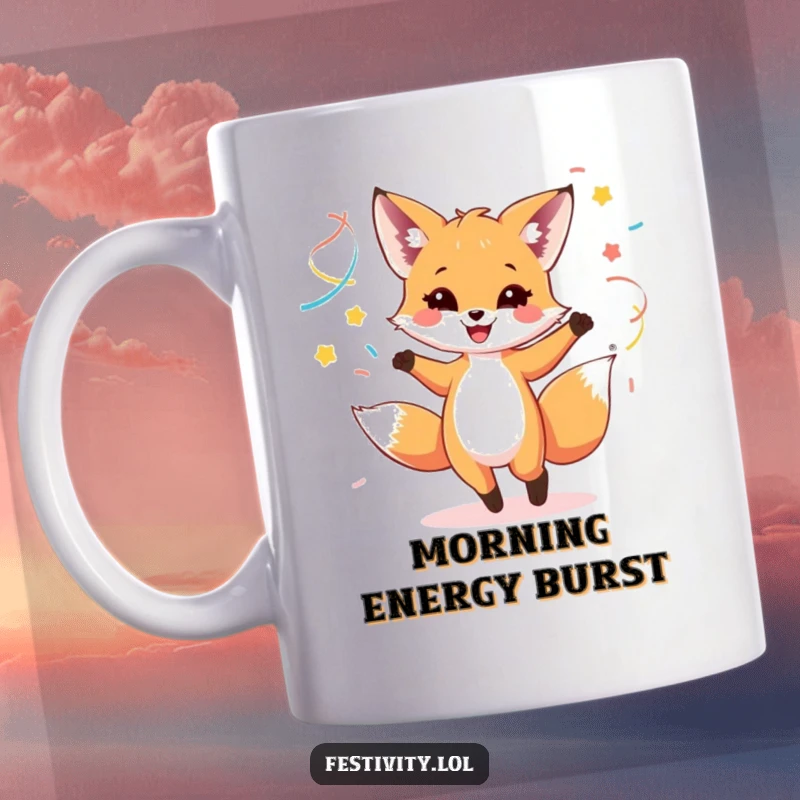 Funny mug featuring a happy fox cub dancing enthusiastically with vibrant, colorful streamers.