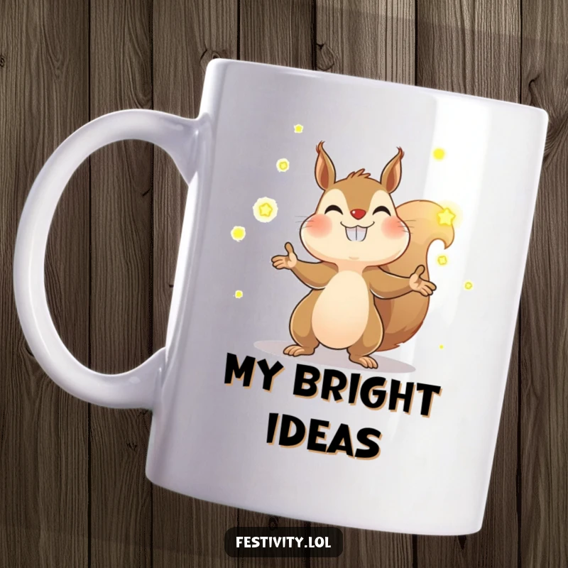 Funny squirrel mug showing a determined squirrel grinning widely while juggling glowing fireflies, capturing a moment of energetic fun.