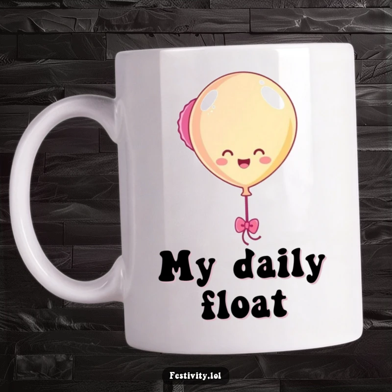 Funny Balloon Bobbing Mug featuring a happy balloon character cheerfully bobbing with colorful streamers trailing behind, adding festive fun to your day.