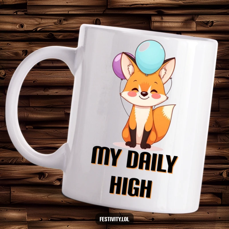 Funny fox mug featuring a happy fox precariously balancing a colorful stack of balloons on its nose, conveying playful charm.