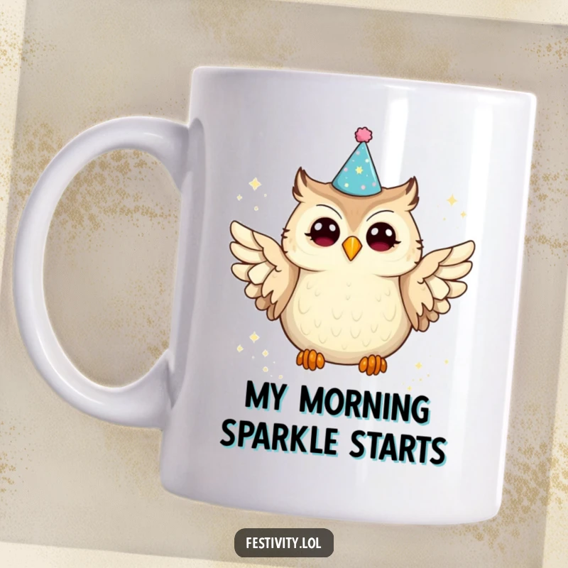Funny owl mug with a tiny party hat joyfully spilling glitter from its wings, showcasing a whimsical and celebratory mood.