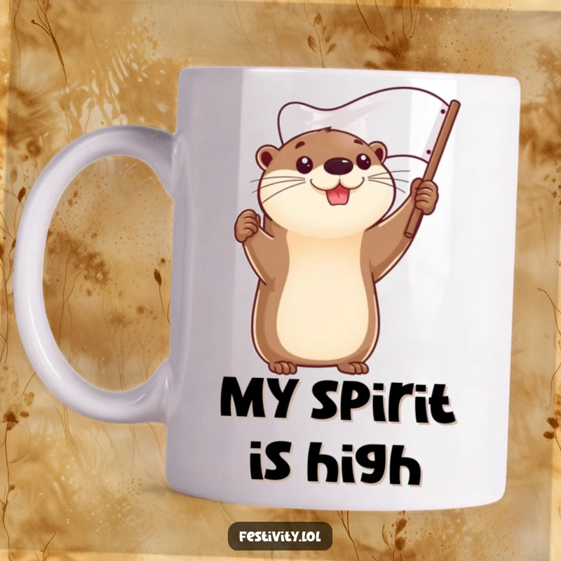 Funny mug showing a determined otter with a smile, proudly holding a flag high.