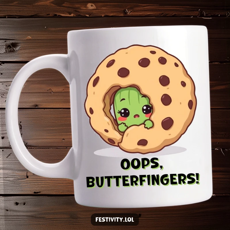 Funny pickle mug featuring a shy pickle peeking with surprise behind a huge cookie, perfect for pickle enthusiasts seeking a laugh.