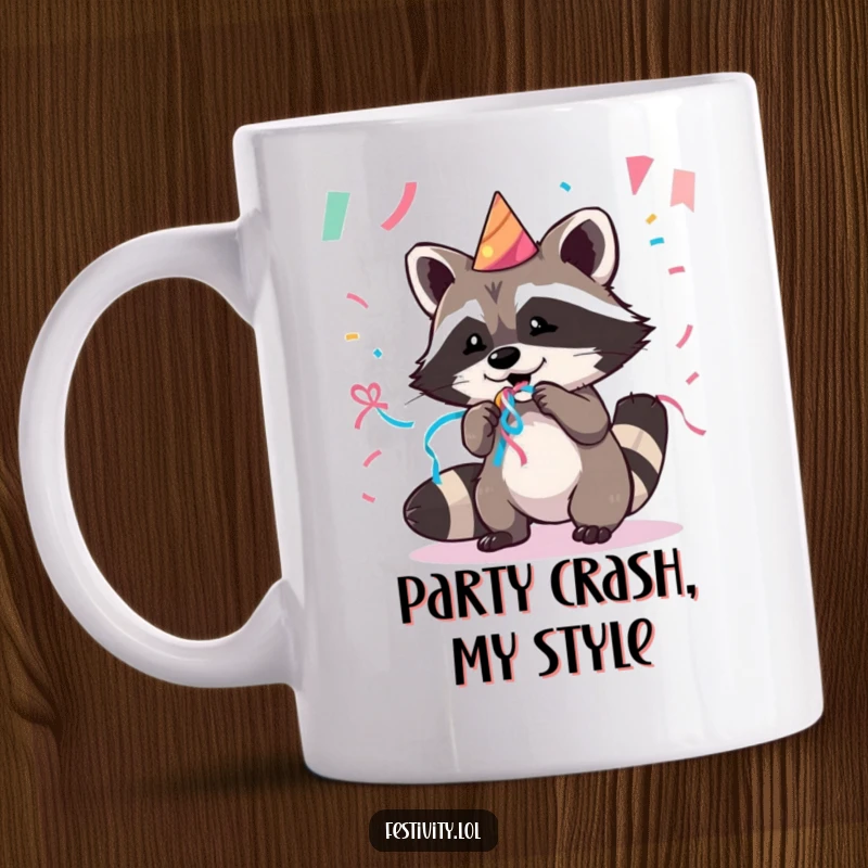 Funny raccoon mug with a mischievous expression, playfully stealing a colorful party streamer, bringing chaotic joy to any celebration.