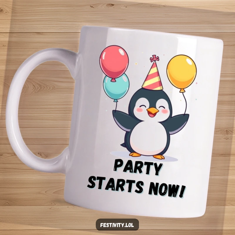 Funny Mug: A giggling penguin wearing a party hat, joyfully juggling three colorful balloons, radiating pure fun.