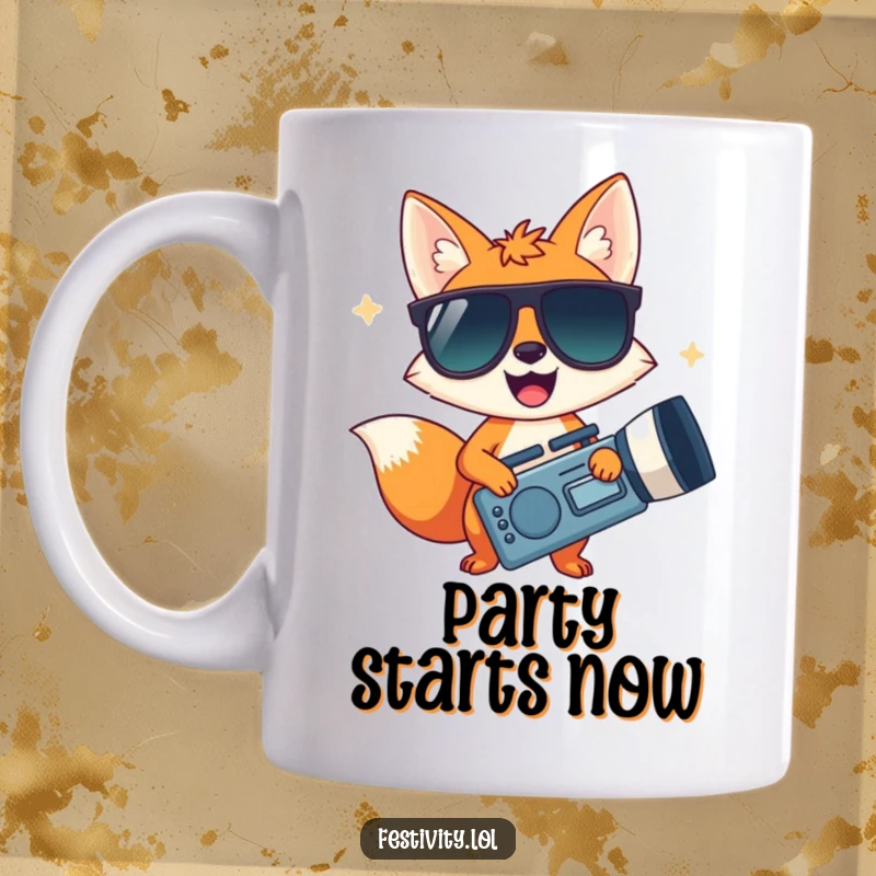 Funny mug featuring a happy fox in oversized sunglasses holding a giant party noisemaker, ready for fun.