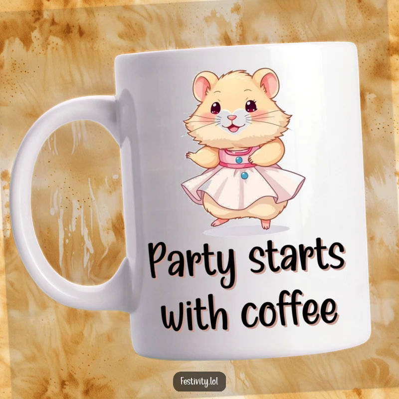 Funny, fluffy hamster wearing a tiny party dress, happily twirling with a joyful expression, a humorous depiction of celebration.