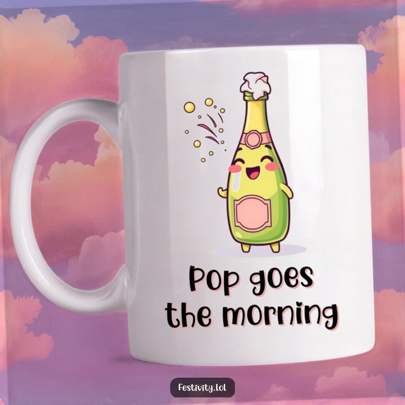 Funny cheerful champagne bottle character spraying bubbly foam with a joyous pop on a coffee mug.