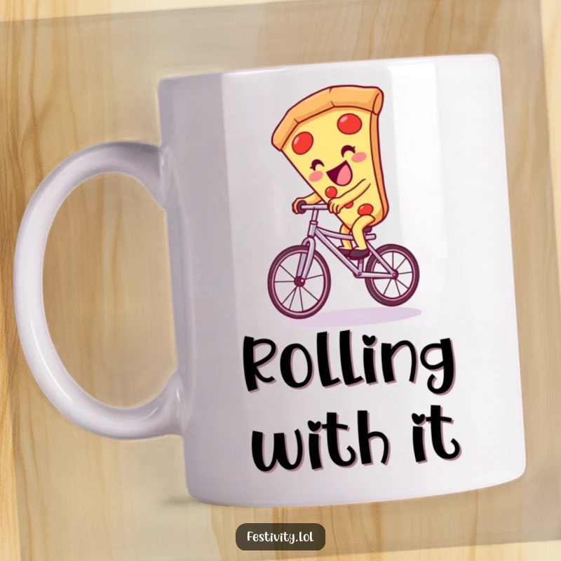Funny pizza slice character giggling wildly while precariously balancing on a unicycle, making it a humorous mug.