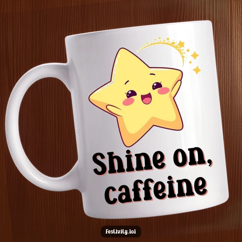 Funny Star Glitter Arc Mug featuring a delighted star character leaving a dynamic arc of sparkling glitter, perfect for a bit of morning fun.