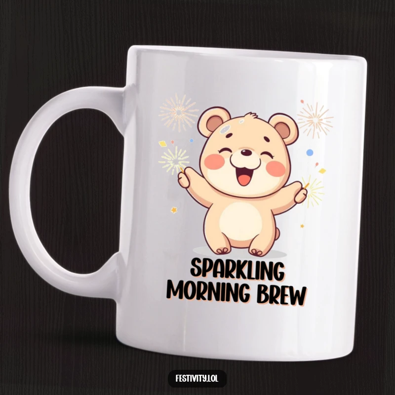 Funny mug featuring a joyful bear cub waving sparklers with a wide smile, radiating happiness and celebration.
