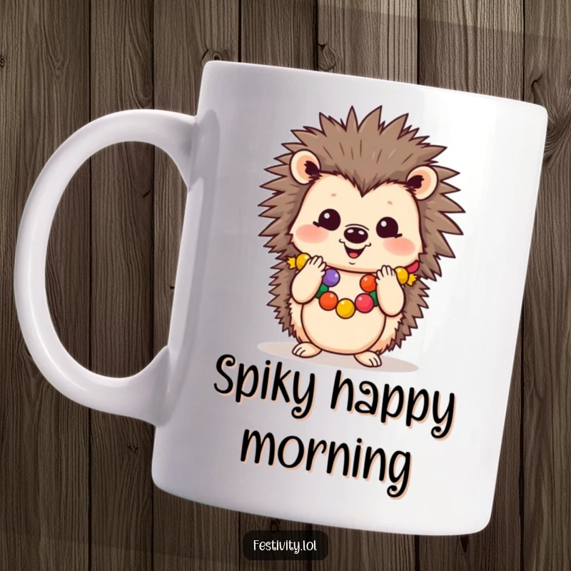 Funny mug with a cheerful hedgehog wearing a festive garland and clapping its paws, radiating happiness.